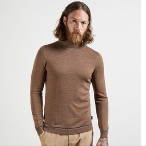 Ted Baker Sweater Mens (XL) Brown Wool Cashmere Turtleneck Camel Roll Pullover